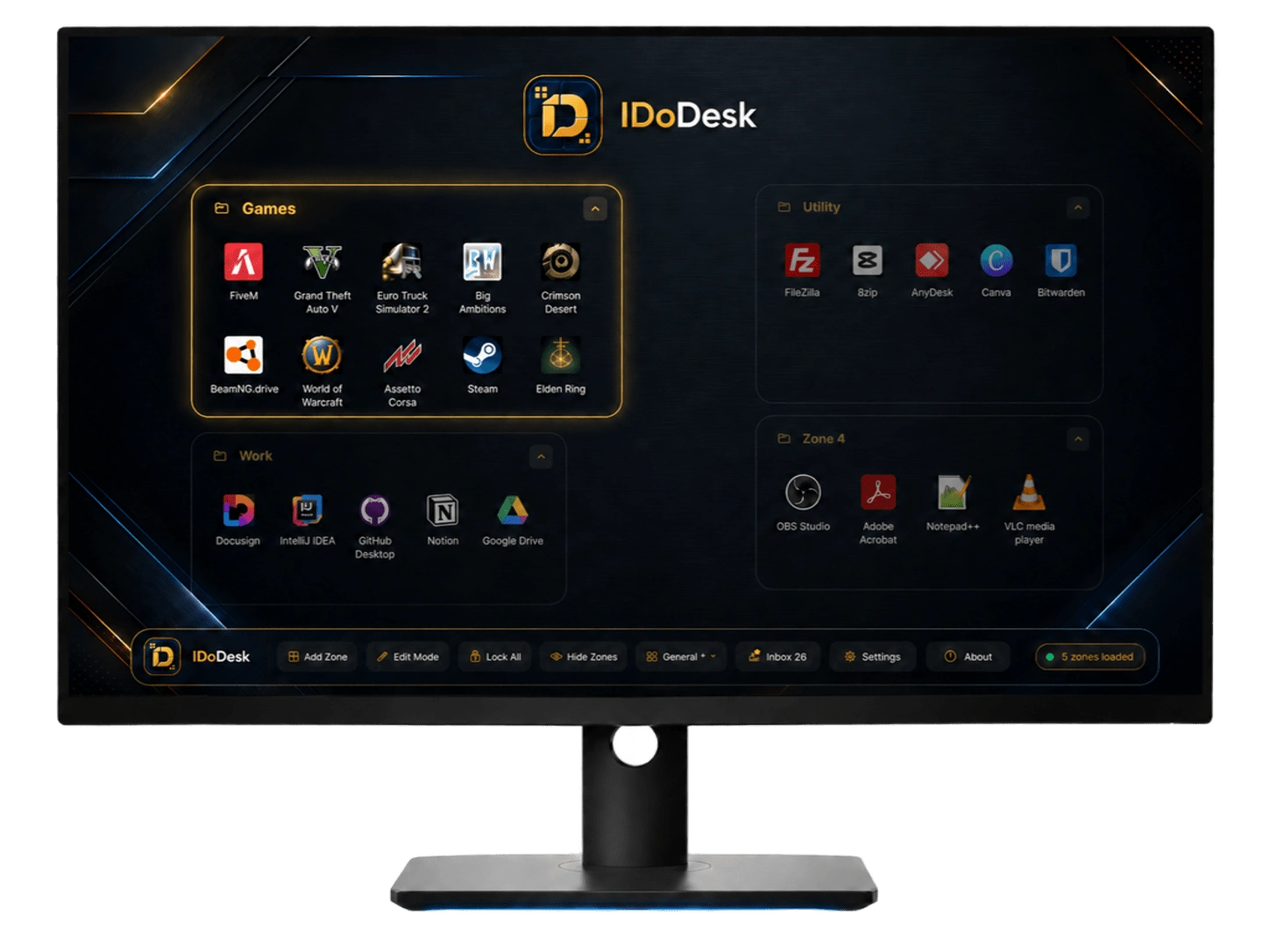Large IDoDesk monitor preview showing organized desktop zones