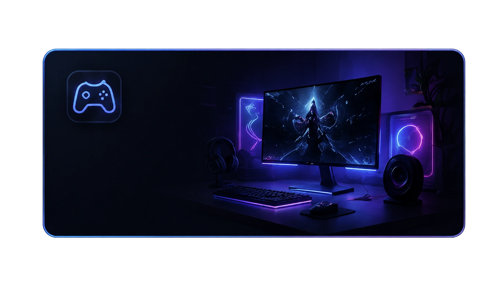 Dark gaming setup preview with blue neon controller icon