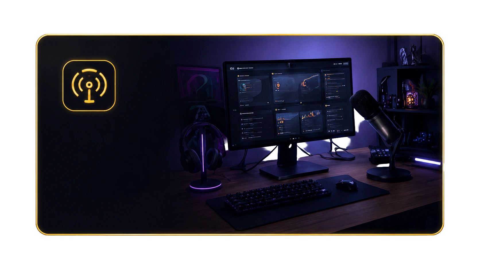 Streaming desk preview with microphone and warm broadcast icon