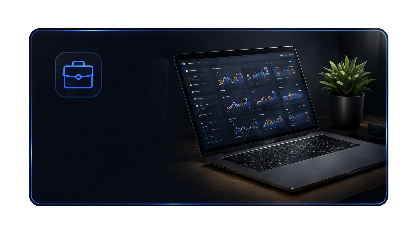 Work setup preview with laptop dashboard and blue briefcase icon